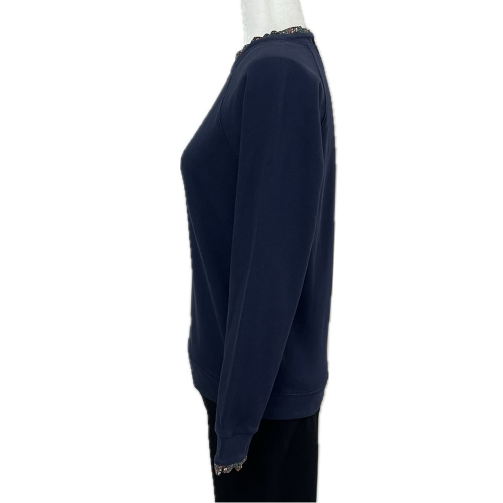 J. Crew Woven Ruffleneck Pullover Sweatshirt Floral Trim Gold Zip Navy Small - Picture 7 of 17